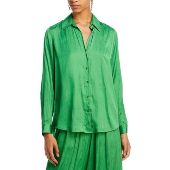 L'Agence Nina Satin Button-Down Top in Green - Picture 2 of 4